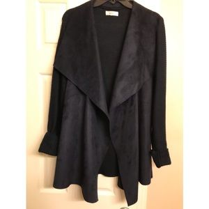 French Navy Cardigan, poly knit and faux suede. Size 1X from Dress Barn. EUC
